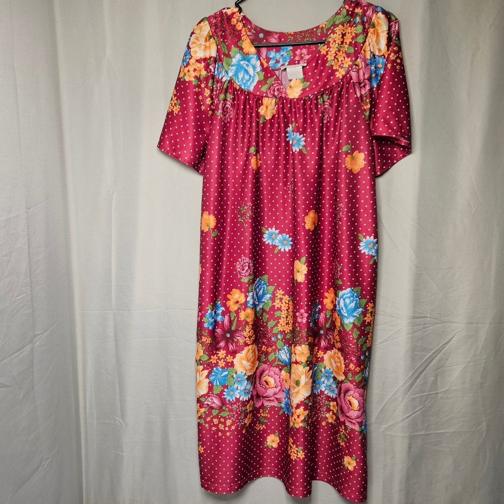 Anthony Richards Muumuu House Dress Womens XL Burgundy Floral Polka Dot Pockets
